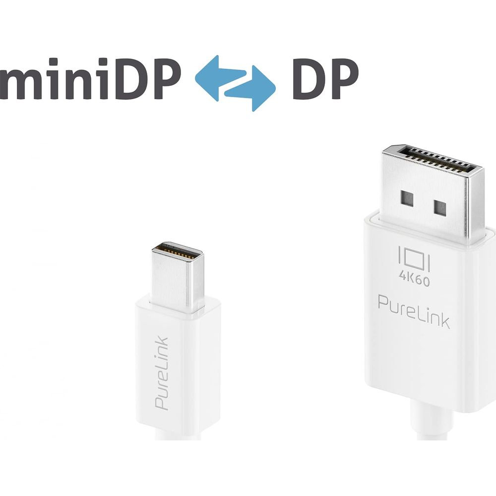 Mini-DP-zu-DP-Adapter von PureLink, 4K60, weiße Stecker mit Beschriftung.