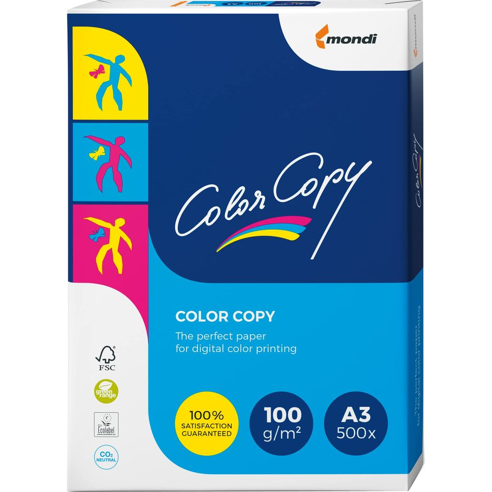 Verpackung Color Copy Papier mit Mondi Logo und grafischen Elementen.