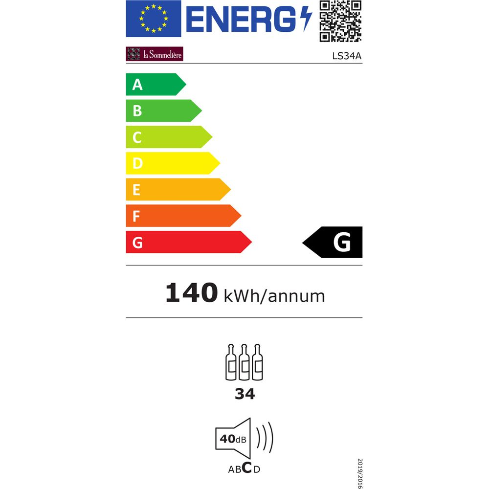 Etiqueta energética con escala A-G, 140 kWh/año, 34 botellas, 40 dB de ruido.