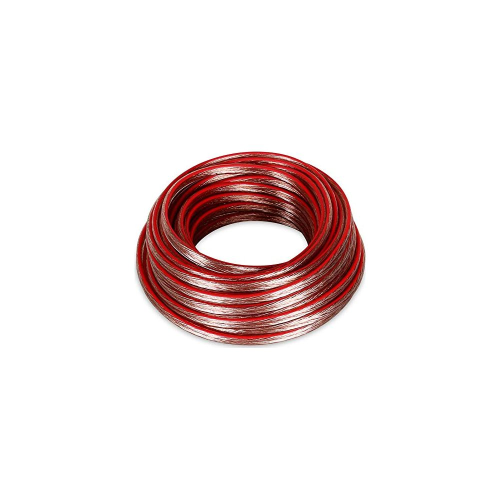 Bobina de cables rojos y plateados sobre fondo blanco.