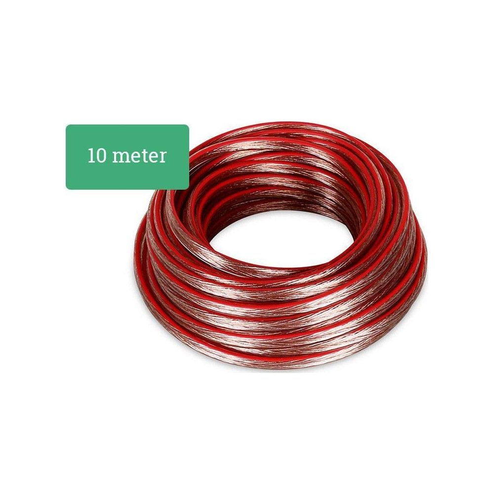 Un rollo de cable rojo con hilos plateados, 10 metros.