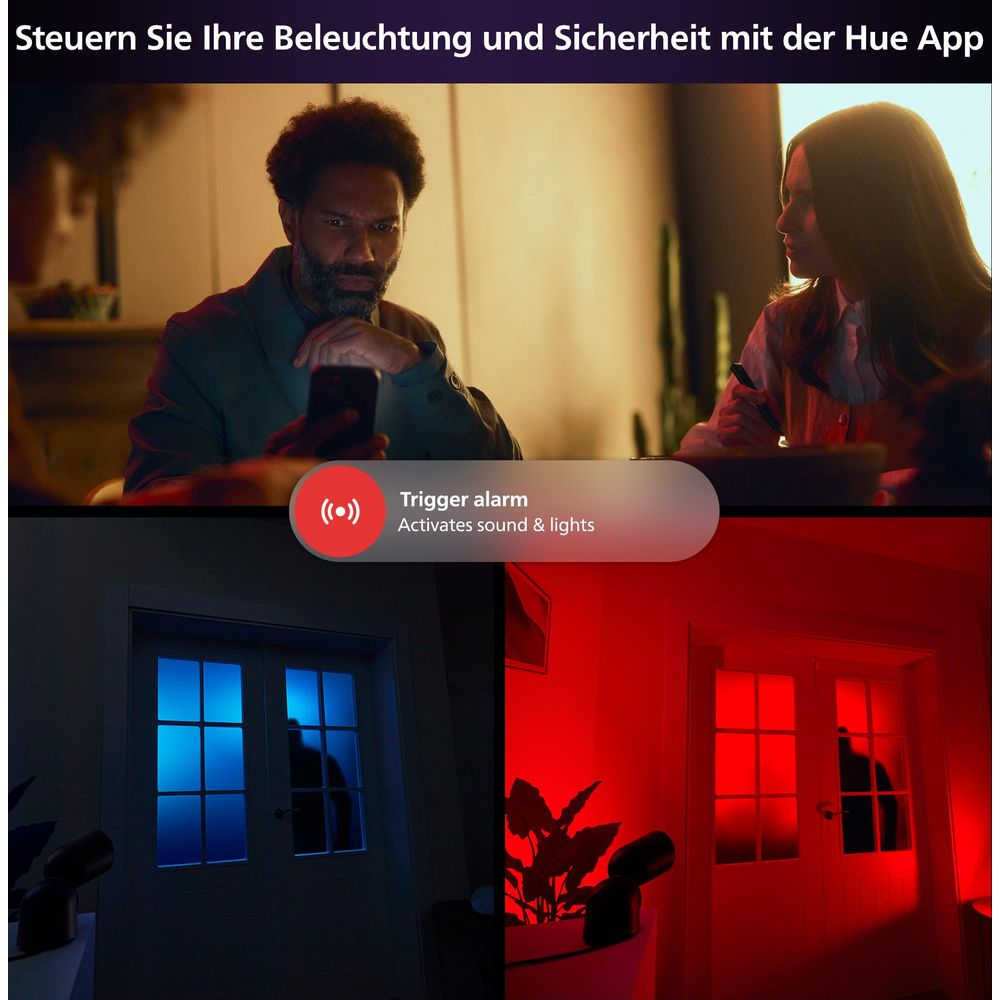 Man en vrouw met telefoon, alarmicoon, deuren met blauw en rood licht.