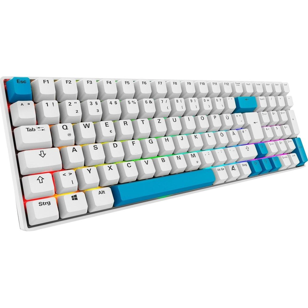 Una tastiera bianca con tasti d'accento blu e illuminazione RGB sul bordo inferiore.