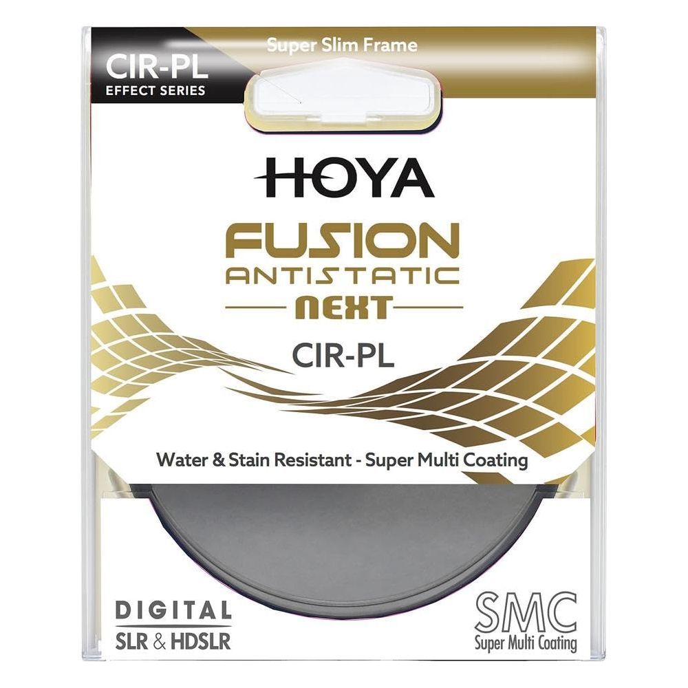 HOYA FUSION CIR-PL Objektivfilterverpackung mit Text und grafischen Elementen.