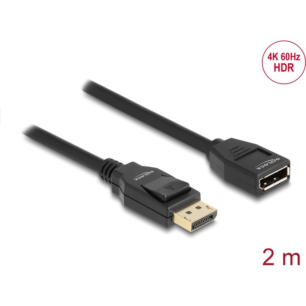 Ein schwarzes DisplayPort-Kabel mit 2m Länge. Unterstützt 4K 60Hz HDR.