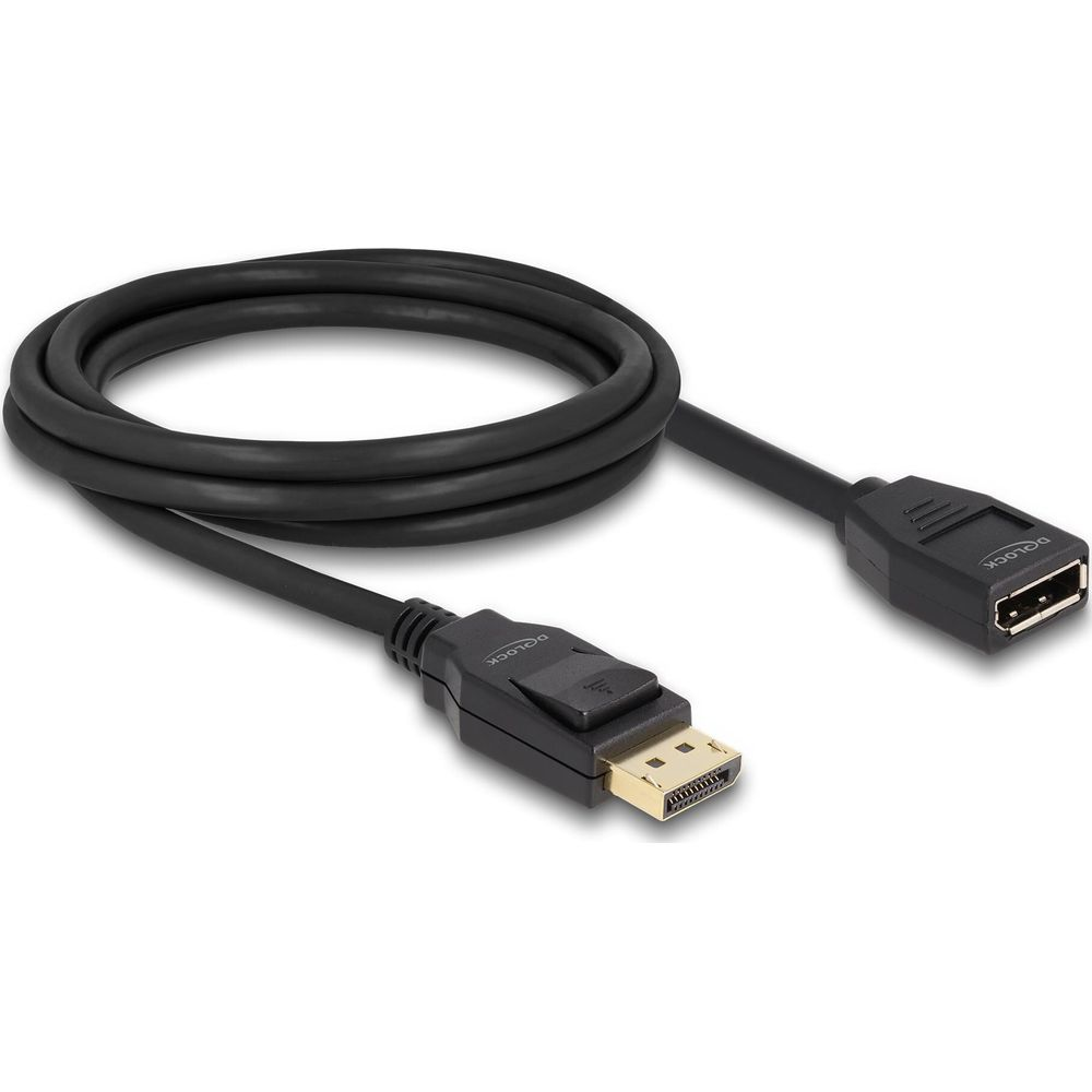 Schwarzes DisplayPort-Kabel mit Steckern und Verriegelungsmechanismen.