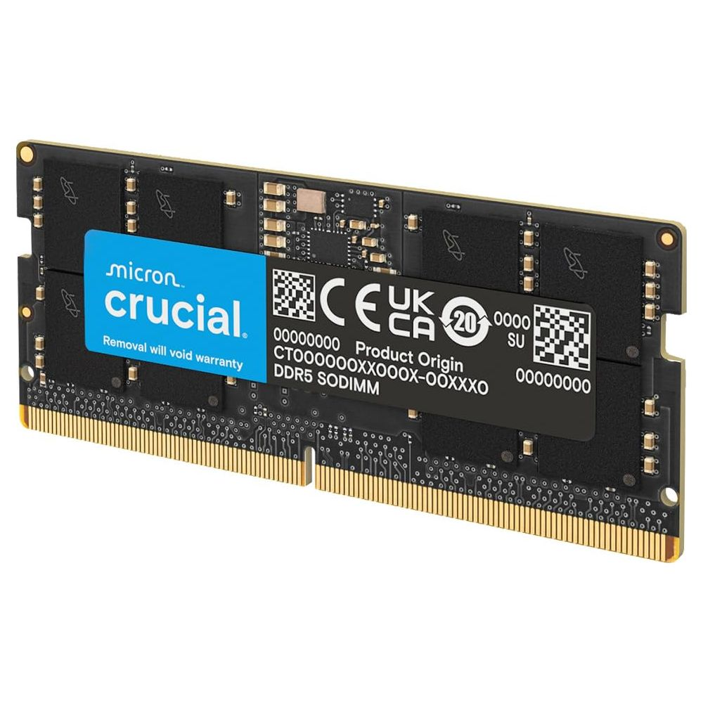 Czarny moduł pamięci Crucial DDR5 SODIMM ze złotymi stykami.