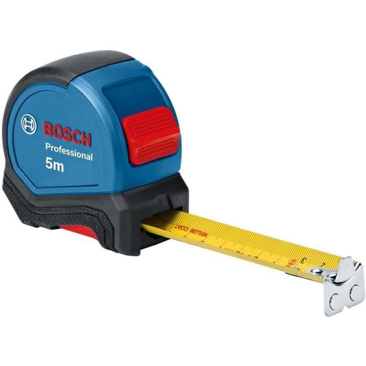 Kırmızı düğmeli mavi bir Bosch şerit metre ve uzatılmış sarı şerit.