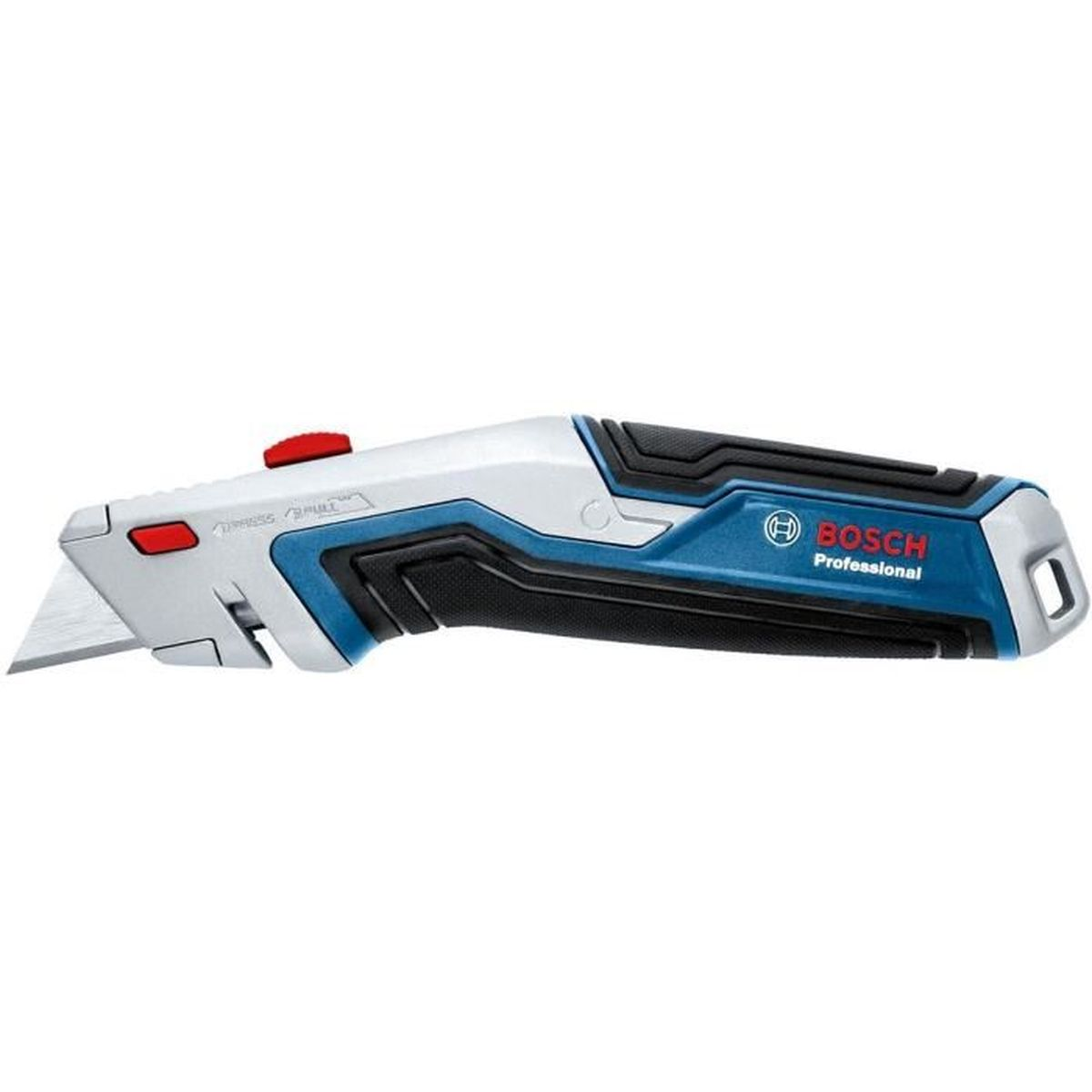Geri çekilebilir bıçaklı ve kırmızı düğmeli Bosch Professional maket bıçağı.