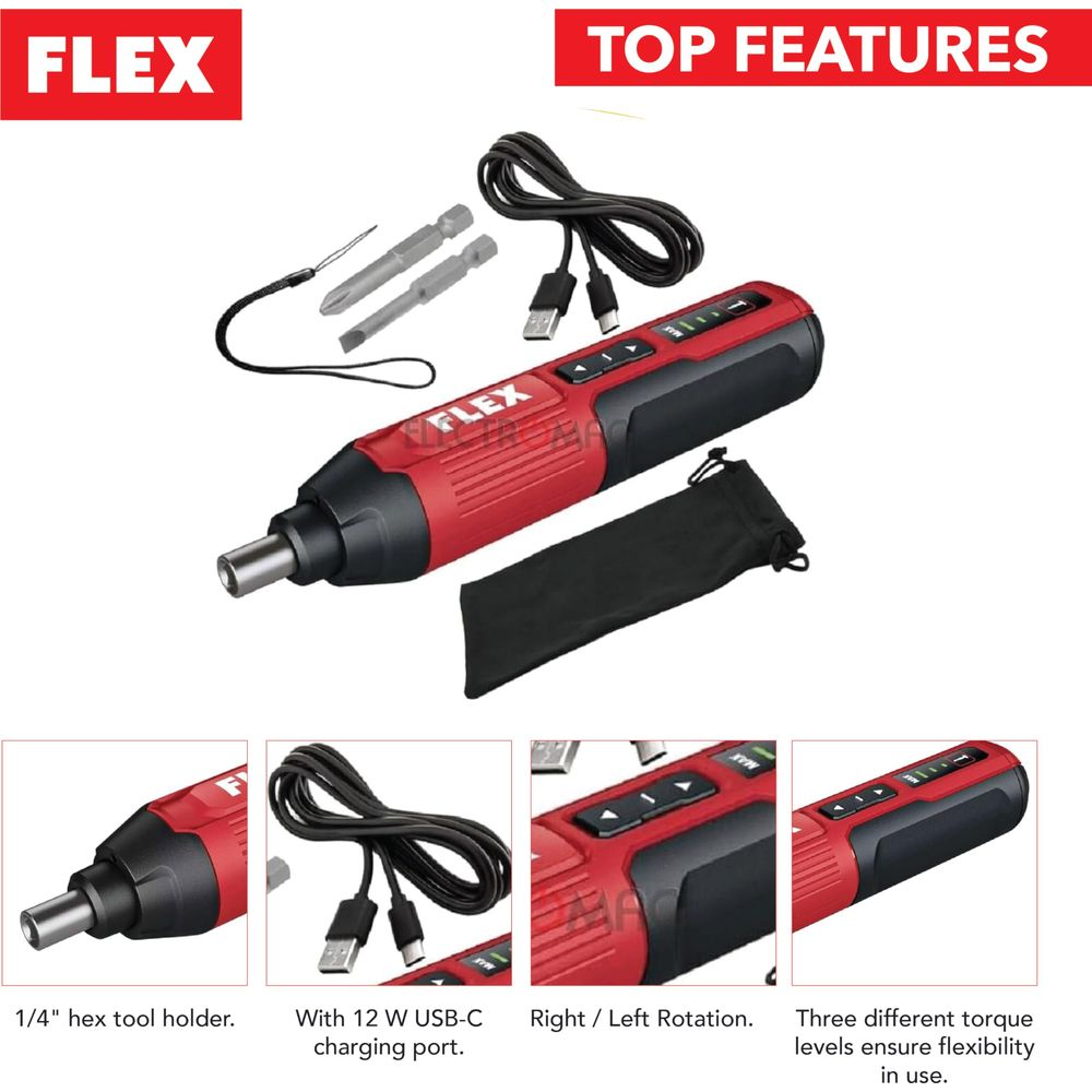Avvitatore rosso e nero con cavo USB-C, punte e sacchetto.