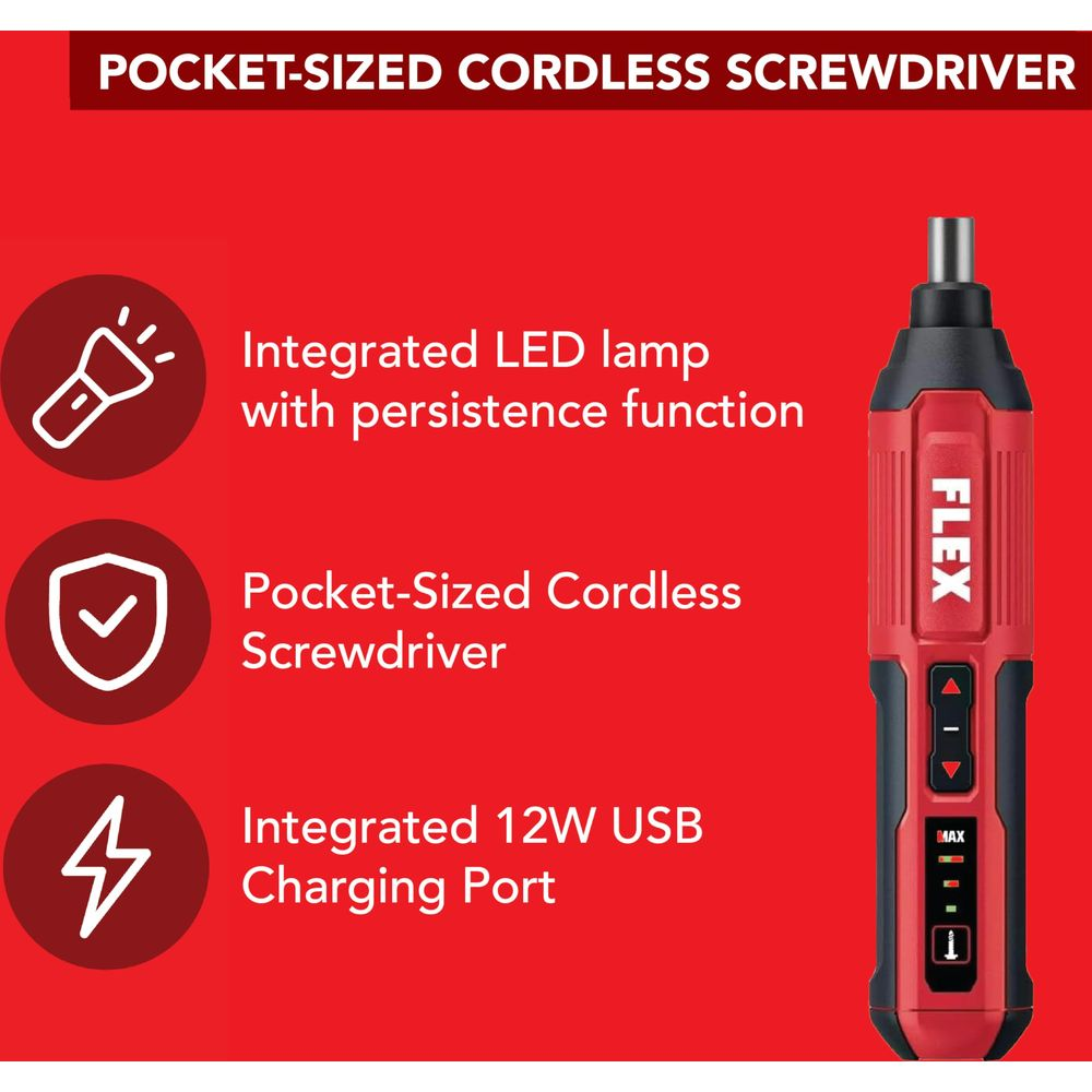 Avvitatore cordless rosso con luce LED, porta USB. Caratteristiche: lampada, dimensioni compatte.