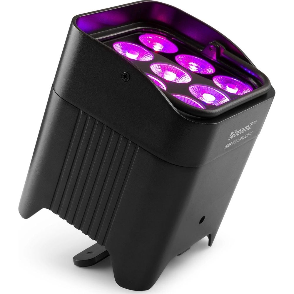 Luz de realce negra con 9 LEDs morados sobre fondo blanco.