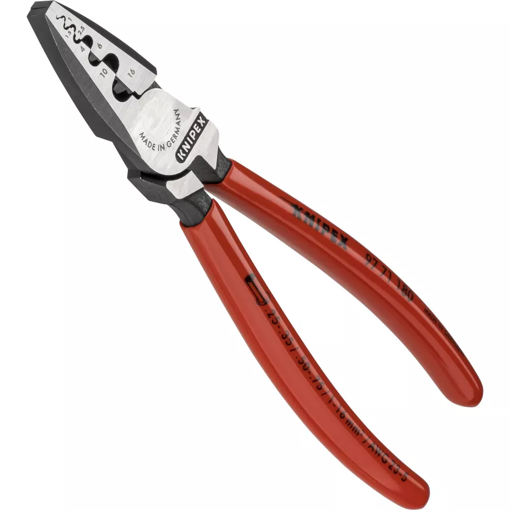 Rote Zange von Knipex mit Maßangaben in Grau und schwarzer Spitze.