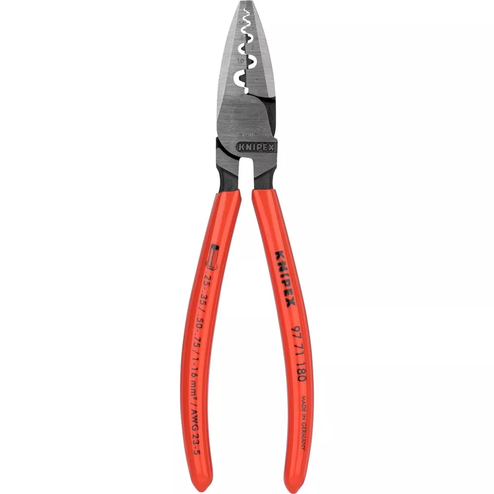 Rote Zange mit Metallbacken und schwarzem Gelenk, Knipex-Logo.