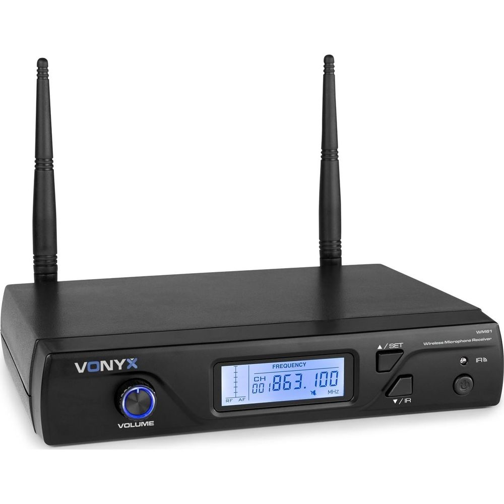 Black Vonyx wireless microphone receiver with two antennas and LCD display.