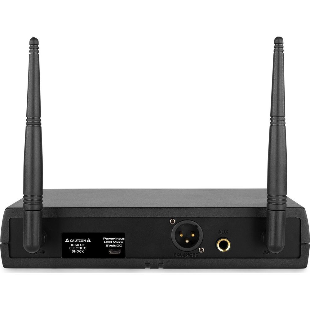 Black device with antennas, ports, and caution labels.