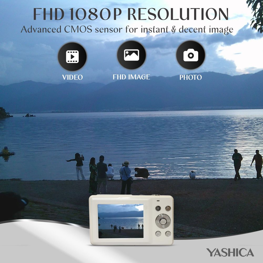 Cámara digital con resolución FHD junto a un lago con montañas al fondo.