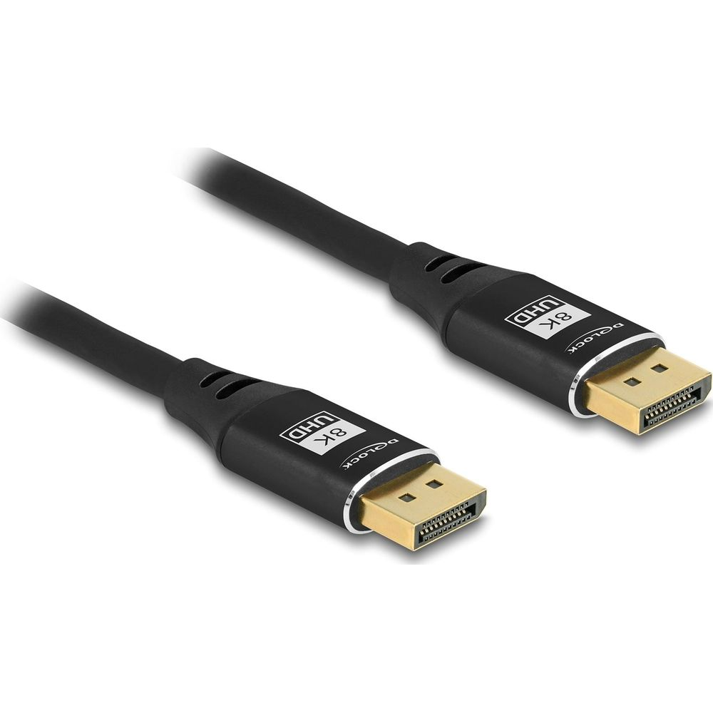 Zwei schwarze DisplayPort-Kabel mit 8K-UHD-Beschriftung auf weißem Hintergrund.