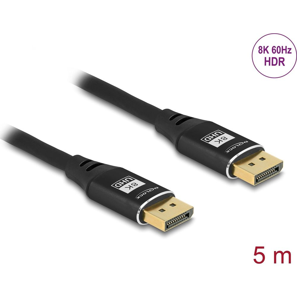Ein schwarzes Kabel mit zwei DisplayPort-Steckern, 8K 60Hz HDR.