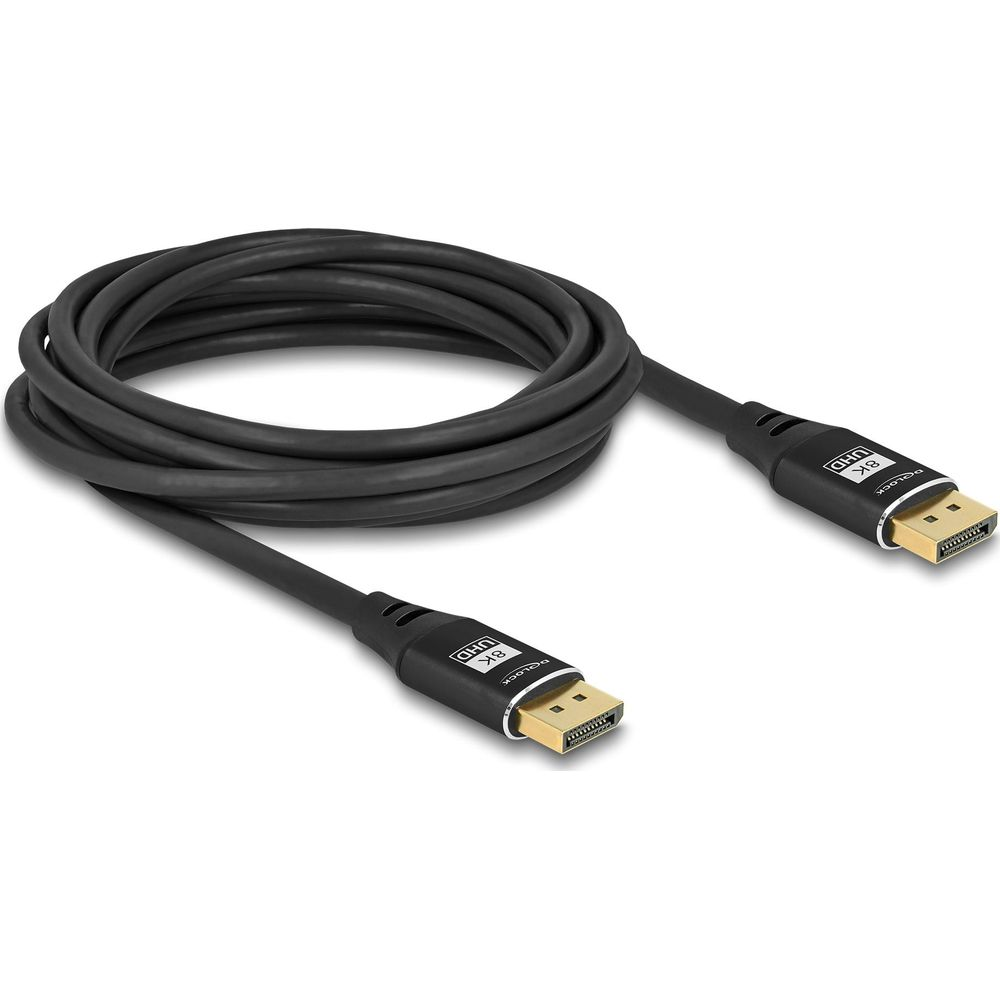 Ein schwarzes DisplayPort-Kabel mit 8K-UHD-Unterstützung und goldenen Steckern.
