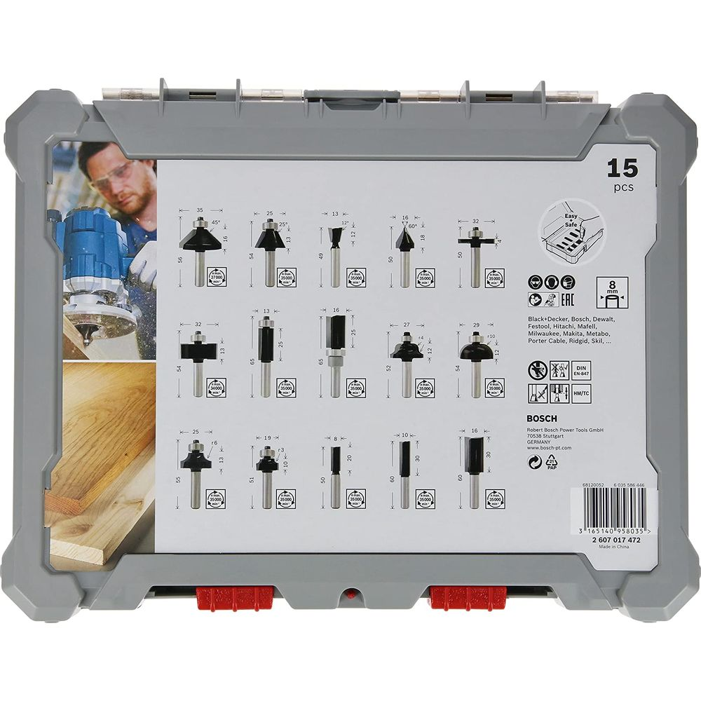 Zestaw frezów Bosch 15 szt., z wymiarami i nazwami marek.