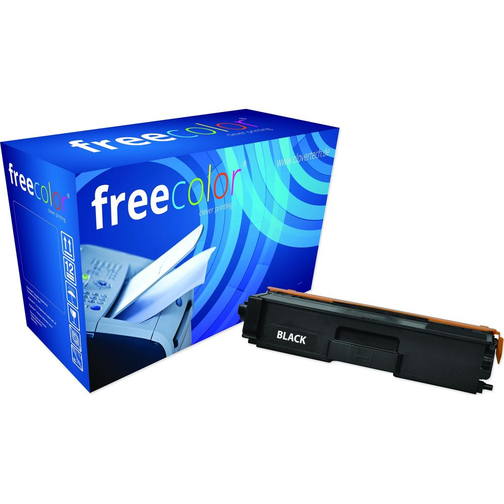 Una cartuccia toner nera accanto a una scatola blu Freecolor con immagine stampante.
