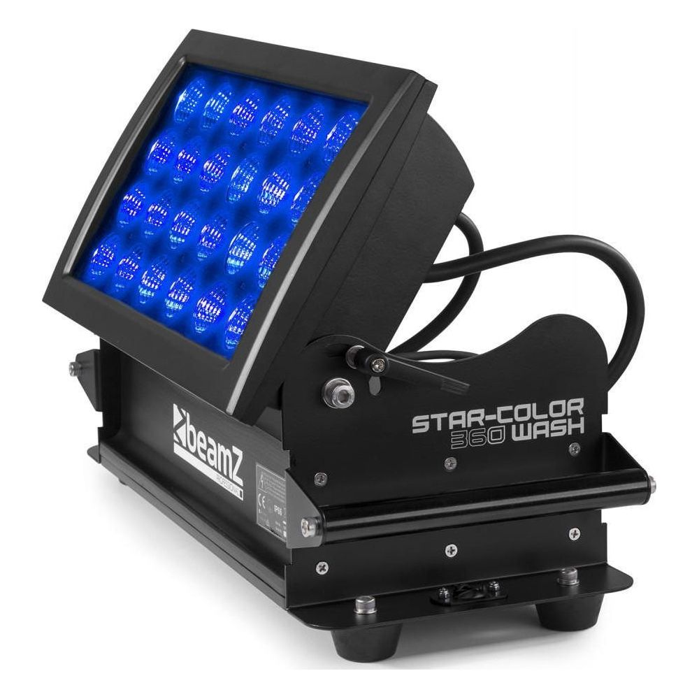 Luz de escenario negra con LEDs azules, etiquetada 'BeamZ STAR-COLOR 360 WASH'.