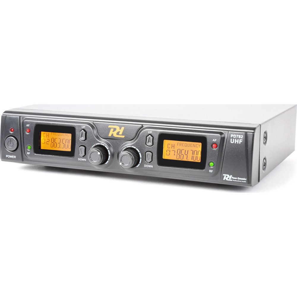 A gray PD782 UHF receiver with two digital displays, knobs, and buttons.