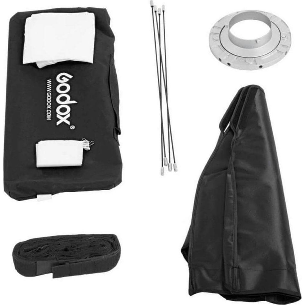 Ein Godox-Tuch, Stäbe, ein Ring und eine schwarze Tasche.