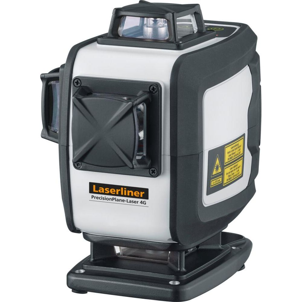 Un appareil Laserliner PrecisionPlane-Laser 4G, blanc et noir, avec une base noire.