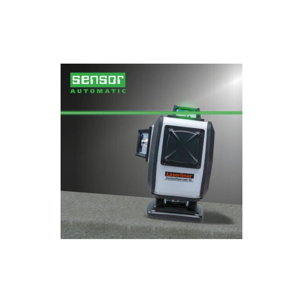 Un appareil de mesure Laserliner avec des lignes laser vertes sur une surface grise.