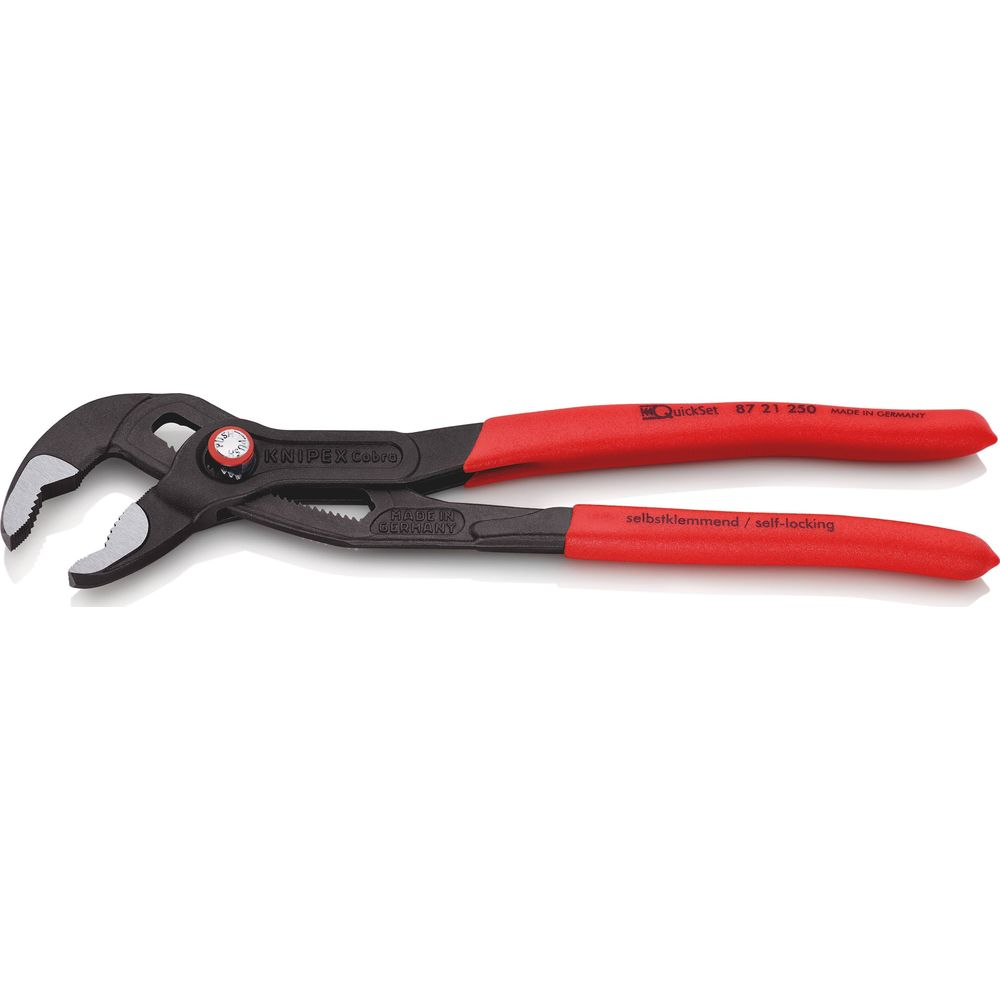 Szczypce z czerwonymi uchwytami i czarnym metalem. Napis: KNIPEX Cobra, Made in Germany.