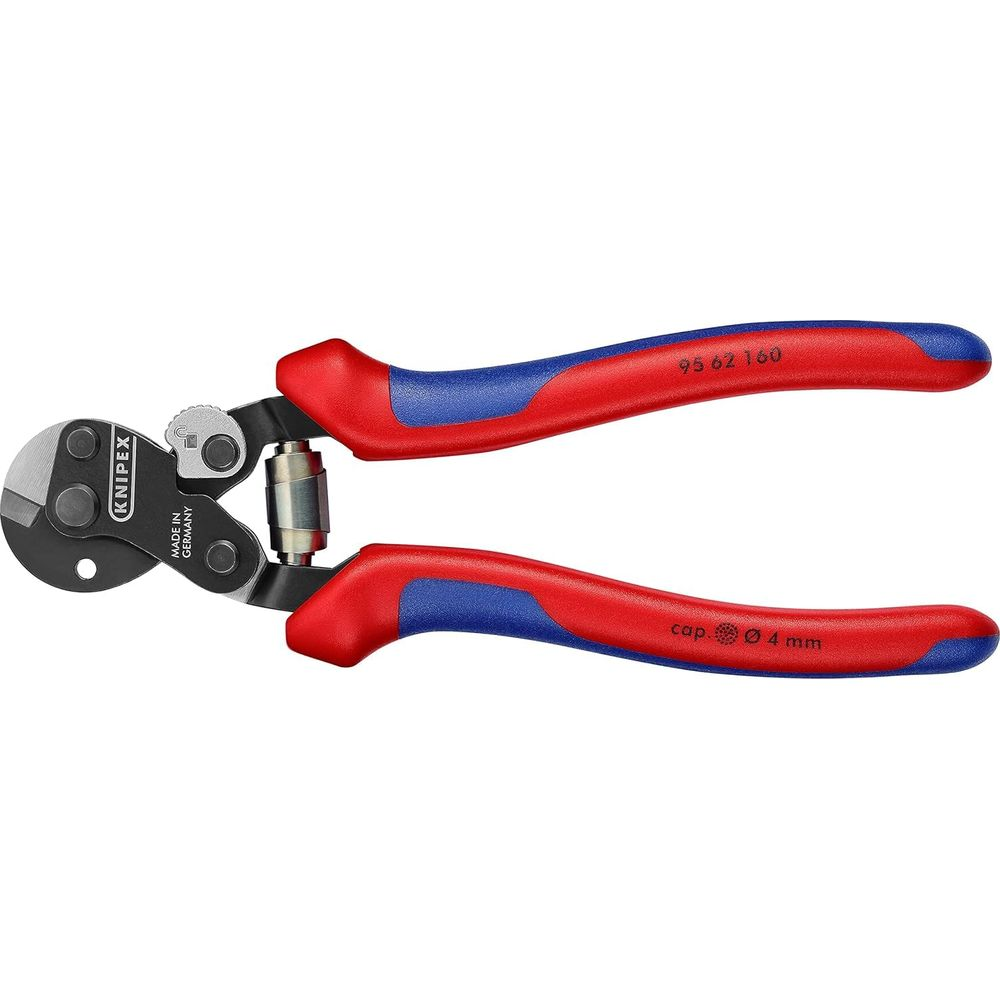 Rote und blaue Knipex-Zange mit silbernen Schneidköpfen. Beschriftung: 95 62 160.