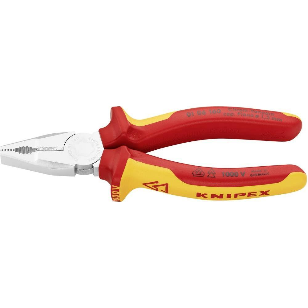 Szczypce kombinowane z czerwono-żółtymi uchwytami, ze stali chromowo-wanadowej.