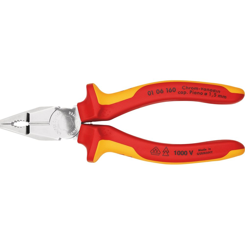 Czerwono-żółte szczypce kombinowane ze stali chromowo-wanadowej, 1000V, Made in Germany.
