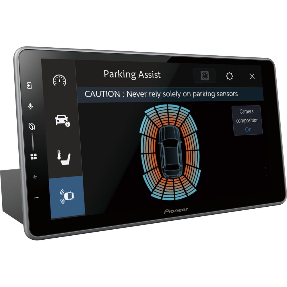 Pioneer Parkassistent-Bildschirm zeigt Autosensoren und Warnung.