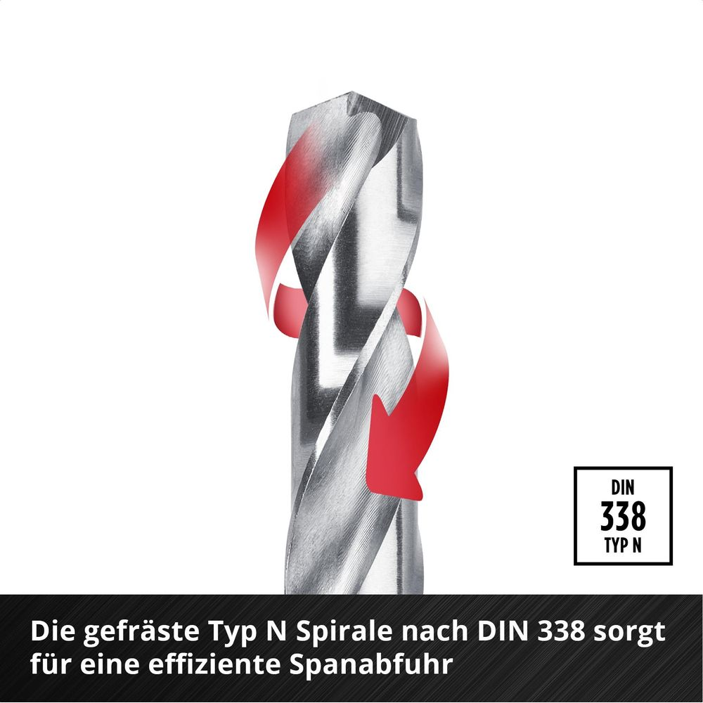 Metallbohrer mit roten Pfeilen, die die Spiralnut zeigen. DIN 338.