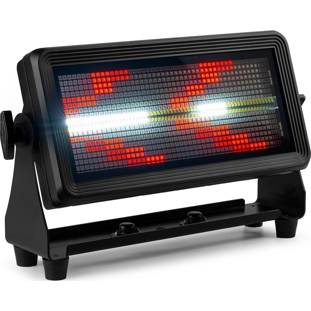Un calefactor negro con pantalla LED que muestra patrones rojos y blancos.