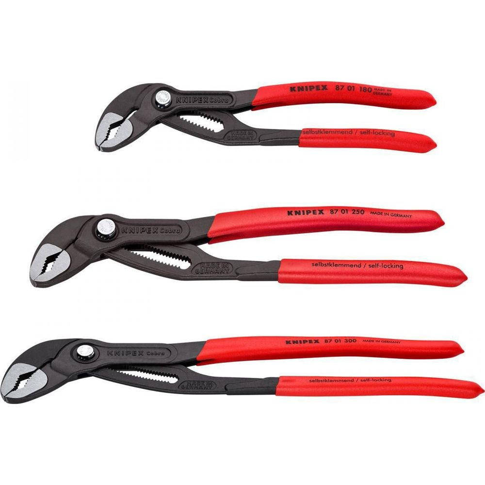 Trois pinces multiprises Knipex Cobra à poignées rouges, côte à côte.