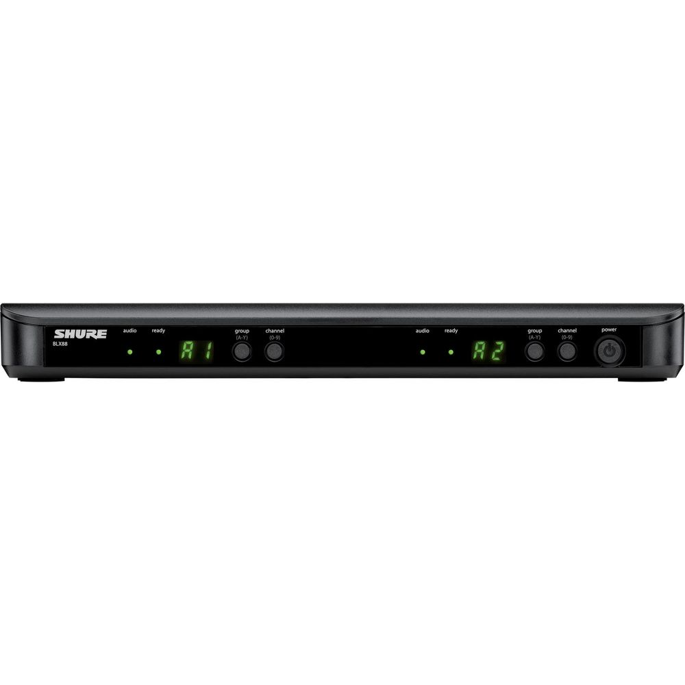 Schwarzer Shure BLX88 Empfänger mit Anzeigen für Gruppe, Kanal, Audio und Bereitschaft.