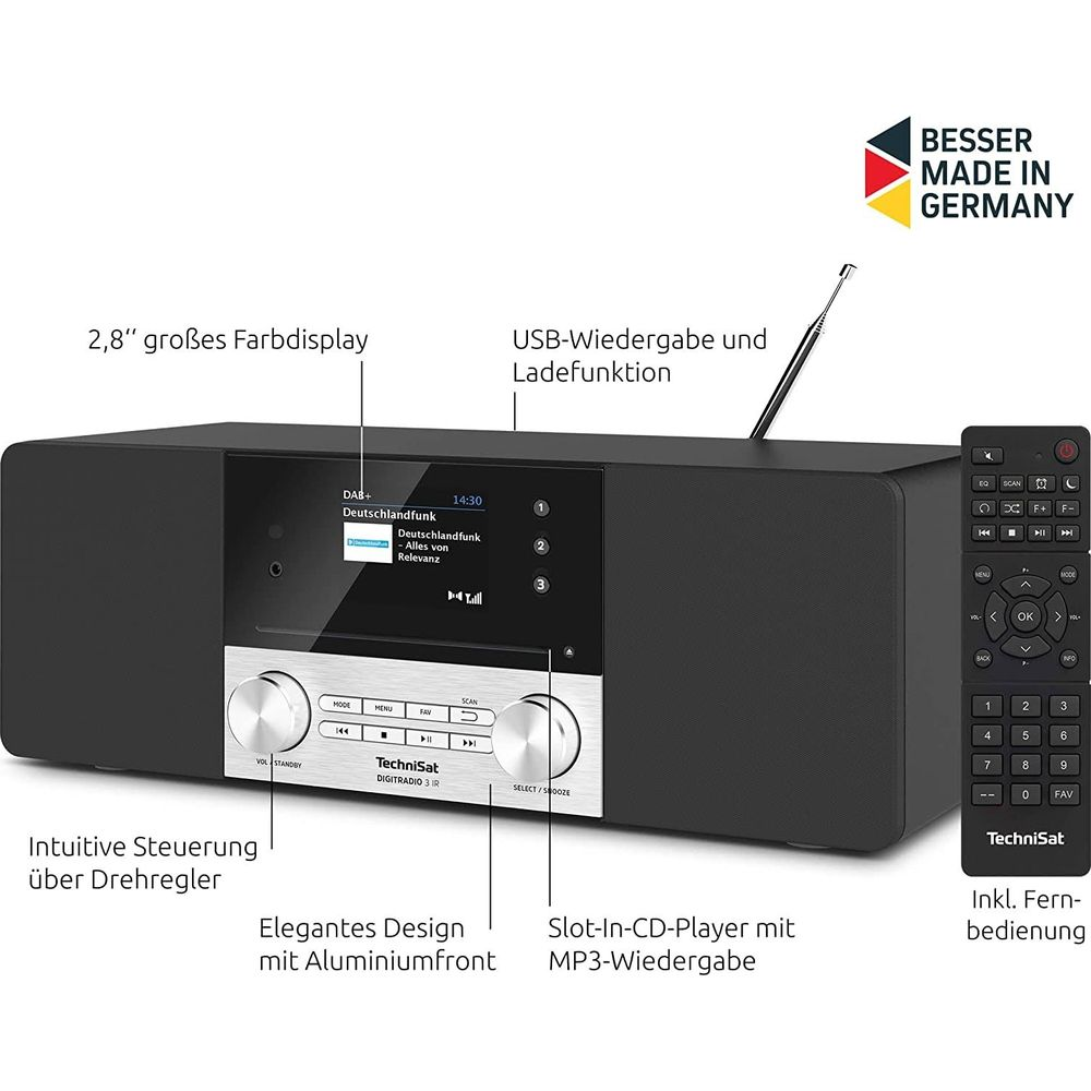 TechniSat Digiradio 3 IR with remote, color display, and CD player.