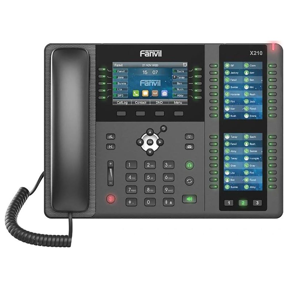 Telefon IP Fanvil X210 ze słuchawką, ekranem i klawiaturą.
