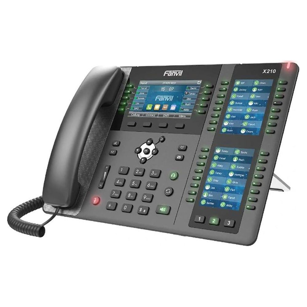 Czarny telefon stacjonarny Fanvil X210 ze słuchawką, klawiaturą i kolorowym wyświetlaczem.