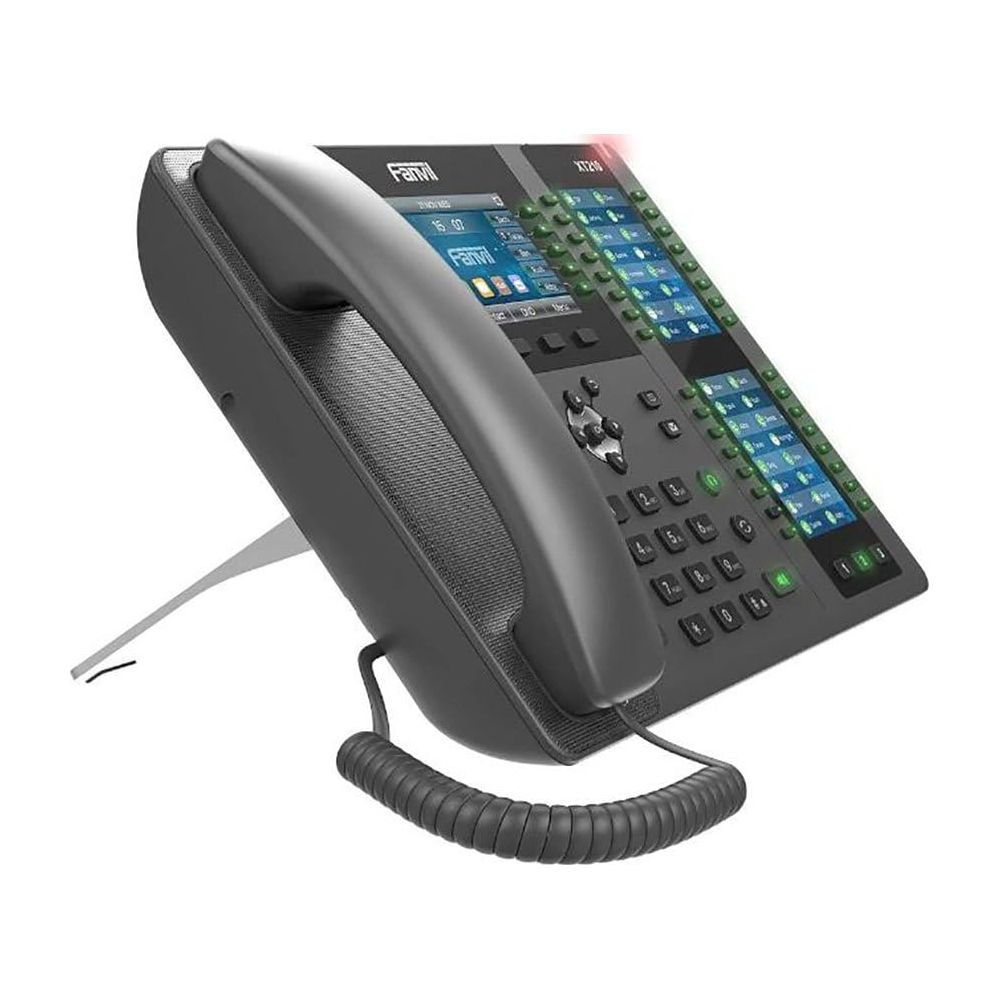 Czarny telefon biurkowy z odłączaną słuchawką, klawiaturą i podświetlanym wyświetlaczem.