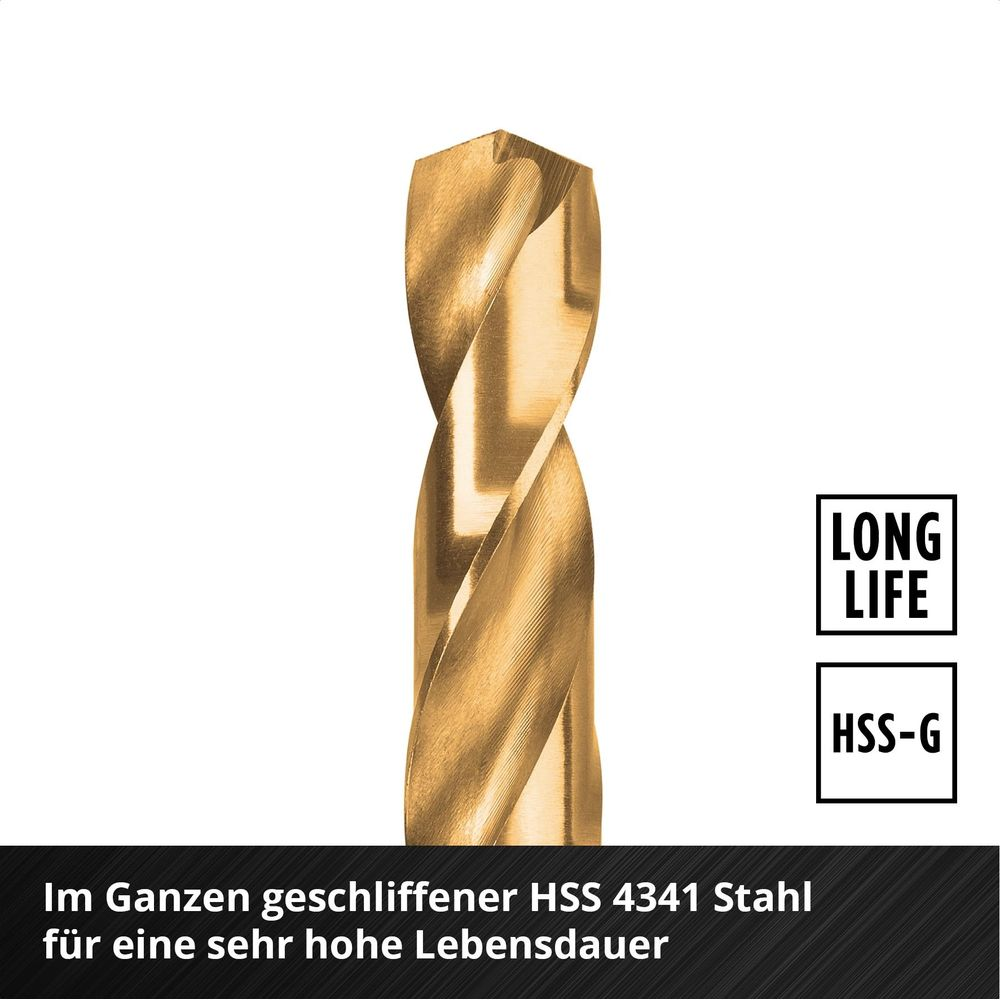 Ein goldener HSS-G Bohrer mit "LONG LIFE" Aufschrift auf weißem Grund.