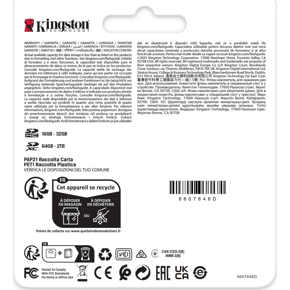 Logo Kingston, specyfikacje 16GB-32GB i 64GB-2TB, info recykling, loga FCC, CE, EAC.