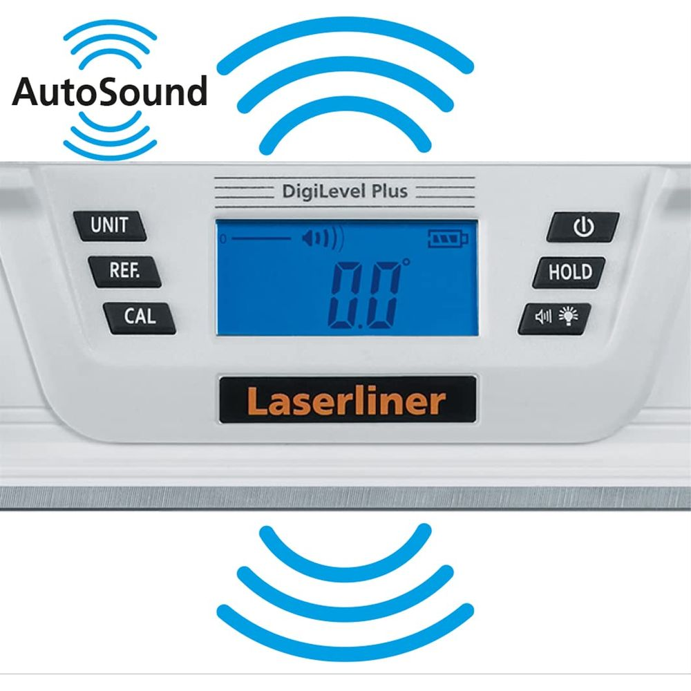 Dispositivo di misurazione digitale con display blu, pulsanti e logo 'AutoSound'.