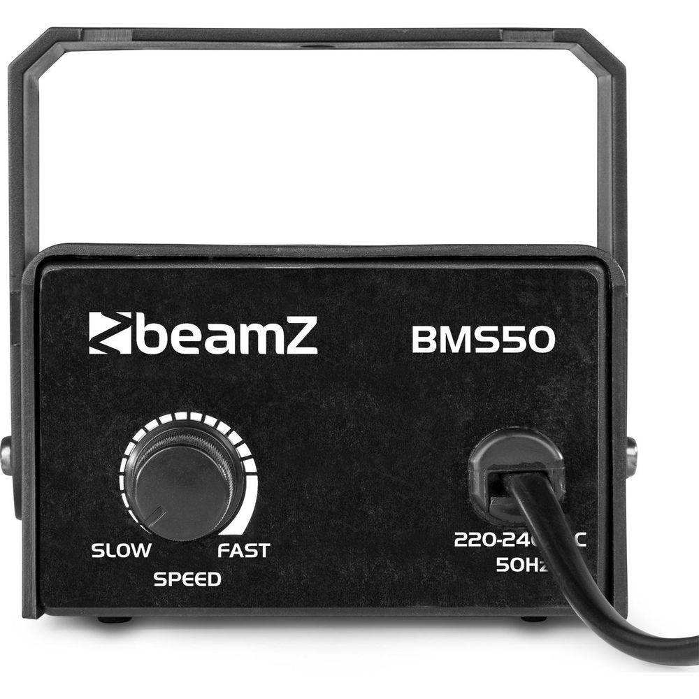 Dispositivo BeamZ BMS50 negro con dial de velocidad (lento/rápido) y entrada de alimentación.