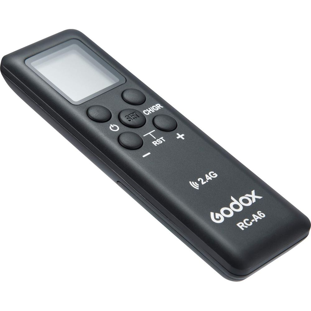 Schwarzer Godox RC-A6 Fernbedienung mit Display und Tasten.
