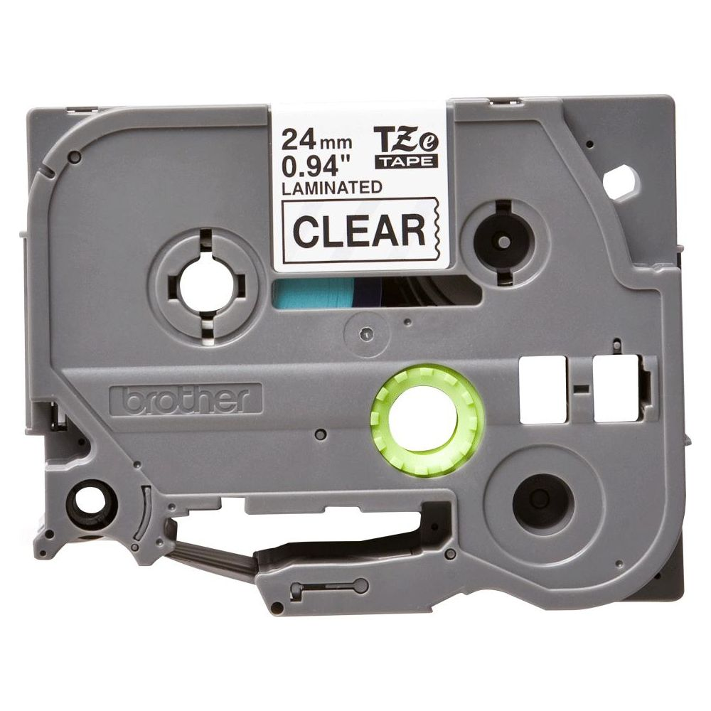 Cartouche de ruban laminé transparent Brother TZe 24mm avec texte et logo.